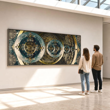 Teal Gold Mandala Wall Art, Large Sacred Geometry Cosmic Print for Wellness Space, Office or Living Room , Vertical/Horizontal, Clockwork II