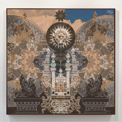 Mystical Sun Temple Wall Art  Sacred Geometry Boho Decor, Bronze Midnight Blue Print