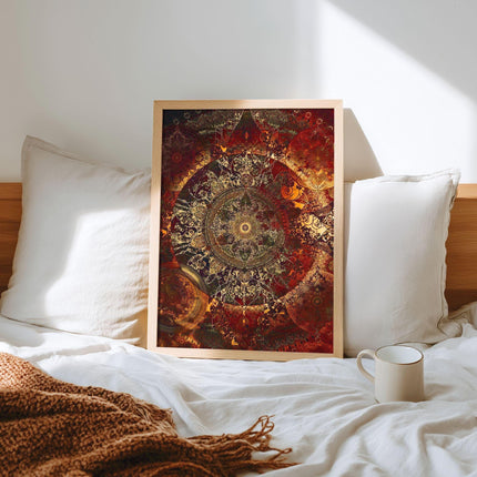 Golden Fractal Mandala Art Print  Boho Sacred Geometry Home Decor