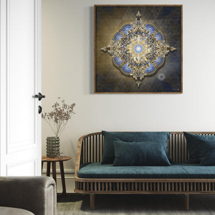 Golden Midnight -Blue Gold Mandala Wall Art, Large Sacred Geometry Boho Print, for Yoga Studio, Office or Living Room
