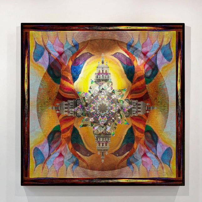 Phoenix Rising Lotus Temple Mandala - Golden Amber Teal Spiritual Wall Art - Sacred Rebirth Transformation Print