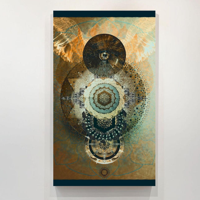 Sacred Flower of Life Mandala Wall Art - Golden Teal Feather Angel Wings - Triple Moon Spiritual Print - Divine Geometry Meditation Decor