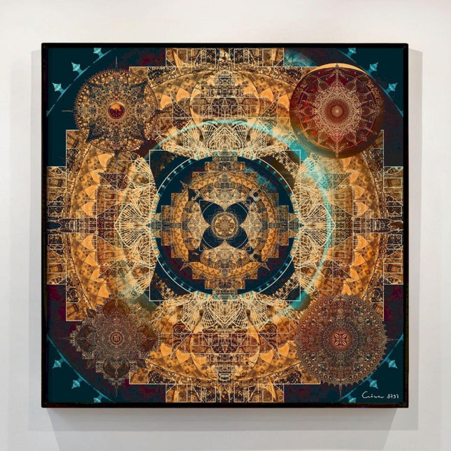 Teal Gold Mandala Print, Sacred Geometry Boho Wall Art