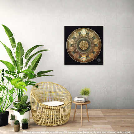 Radiant Autumn Leaves Mandala  Golden Sacred Geometry Wall Art