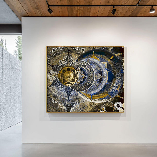 Celestial Sacred Geometry Mandala Clock  Royal Blue Gold Spiritual Wall Art Print