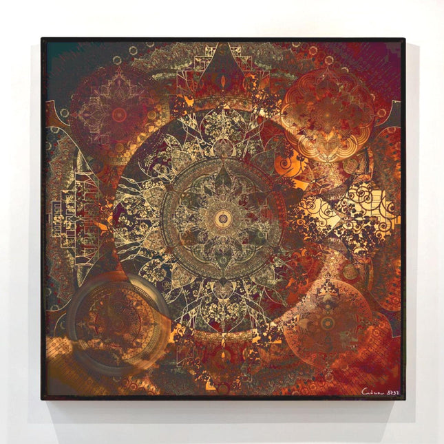 Golden Fractal Mandala Art Print  Boho Sacred Geometry Home Decor