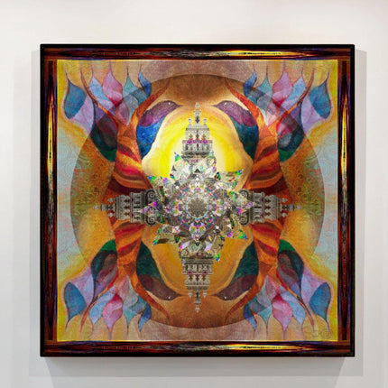 Phoenix Rising Lotus Temple Mandala - Golden Amber Teal Spiritual Wall Art - Sacred Rebirth Transformation Print