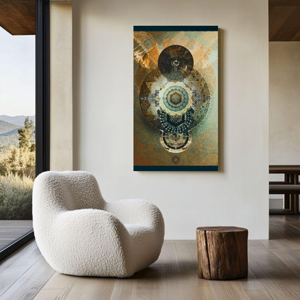 Sacred Flower of Life Mandala Wall Art - Golden Teal Feather Angel Wings - Triple Moon Spiritual Print - Divine Geometry Meditation Decor