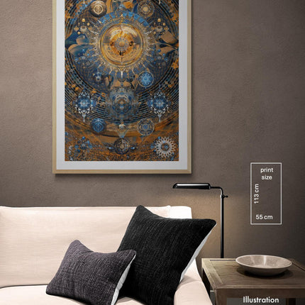 Bronze-Blue Mandala Art Print: Celestial Mandala Constellations  Sacred Geometry Wall Art