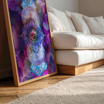 Blue Purple Lotus Mandala Wall Art, Large Sacred Geometry Cosmic Print, for Living Room, Bedroom or Yoga Studio