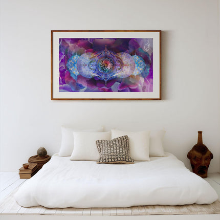 Blue Purple Lotus Mandala Wall Art, Large Sacred Geometry Cosmic Print, for Living Room, Bedroom or Yoga Studio