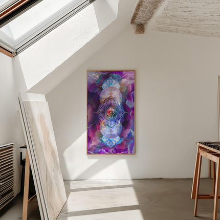 Blue Purple Lotus Mandala Wall Art, Large Sacred Geometry Cosmic Print, for Living Room, Bedroom or Yoga Studio