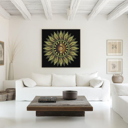 Green Sunflower Mandala Wall Art, Large Sacred Geometry Cosmic Print, for Yoga Studio, Office or Living Room
