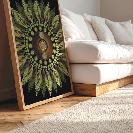 Green Sunflower Mandala Wall Art, Large Sacred Geometry Cosmic Print, for Yoga Studio, Office or Living Room