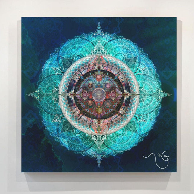 Ocean Blue Mystical Lotus Fine Art Poster | Teal Blue Sacred Geometry Mandala Wall Art Print | Meditation Spiritual Boho Decor |