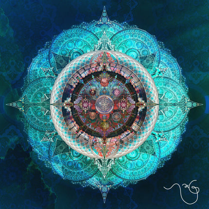 Ocean Blue Mystical Lotus Fine Art Poster | Teal Blue Sacred Geometry Mandala Wall Art Print | Meditation Spiritual Boho Decor |