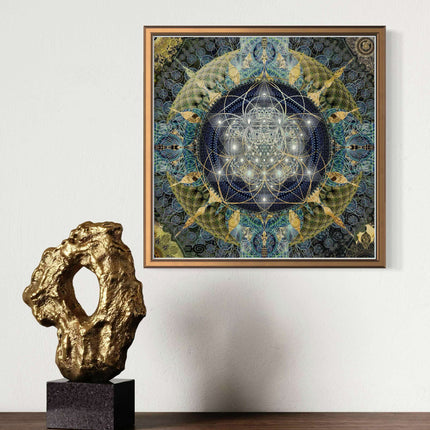 Blue Gold Mandala Wall Art, Large Sacred Geometry Spiritual Print, for Hotel Lobby, Office or Meditation Room,Celestial Harmony