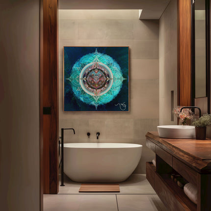 Ocean Blue Mystical Lotus Fine Art Poster | Teal Blue Sacred Geometry Mandala Wall Art Print | Meditation Spiritual Boho Decor |