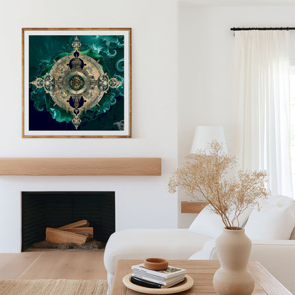 Emerald Gold Mandala Wall Art Print, Teal Fractal Sacred Geometry Poster, Ornate Architectural Mandala Printable Decor