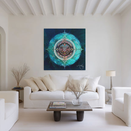 Ocean Blue Mystical Lotus Fine Art Poster | Teal Blue Sacred Geometry Mandala Wall Art Print | Meditation Spiritual Boho Decor |