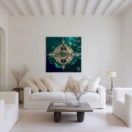 Emerald Gold Mandala Wall Art Print, Teal Fractal Sacred Geometry Poster, Ornate Architectural Mandala Printable Decor