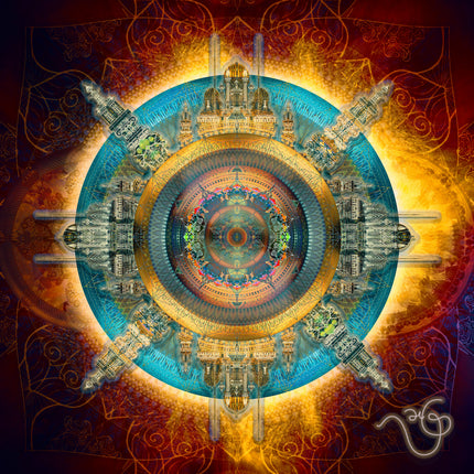 Sacred Geometry Wall Art Print, Vis Lucis Blue Citadel, Teal Gold Mandala, Spiritual Decor, Visionary Art, Meditation Room Poster