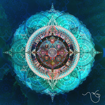 Ocean Blue Mystical Lotus Fine Art Poster | Teal Blue Sacred Geometry Mandala Wall Art Print | Meditation Spiritual Boho Decor |