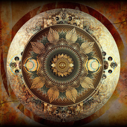 Autumn Radiance | Gold  Mandala Wall Art Print, Sacred Geometry with Autumn Leaves, Warm Brown Decor