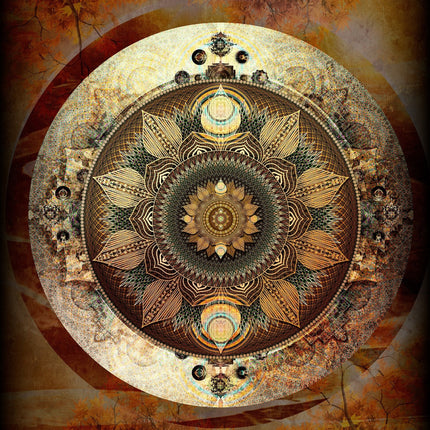 Autumn Radiance | Gold  Mandala Wall Art Print, Sacred Geometry with Autumn Leaves, Warm Brown Decor