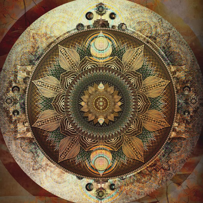 Autumn Radiance | Gold  Mandala Wall Art Print, Sacred Geometry with Autumn Leaves, Warm Brown Decor