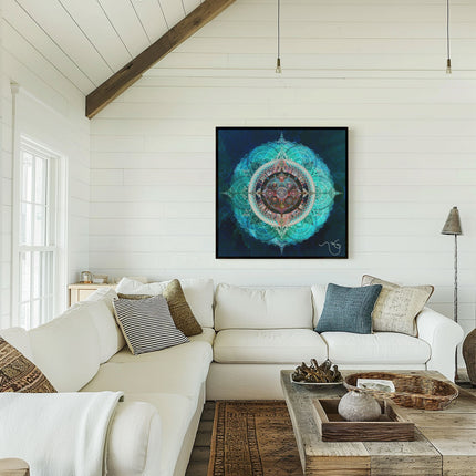 Ocean Blue Mystical Lotus Fine Art Poster | Teal Blue Sacred Geometry Mandala Wall Art Print | Meditation Spiritual Boho Decor |