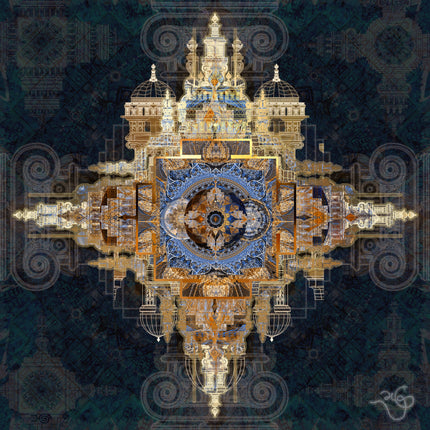 Architectural Mandala Wall Art Print, Teal Blue and Gold Sacred Geometry, Baroque Cathedral Digital Art, Bohemian Ornate Decor