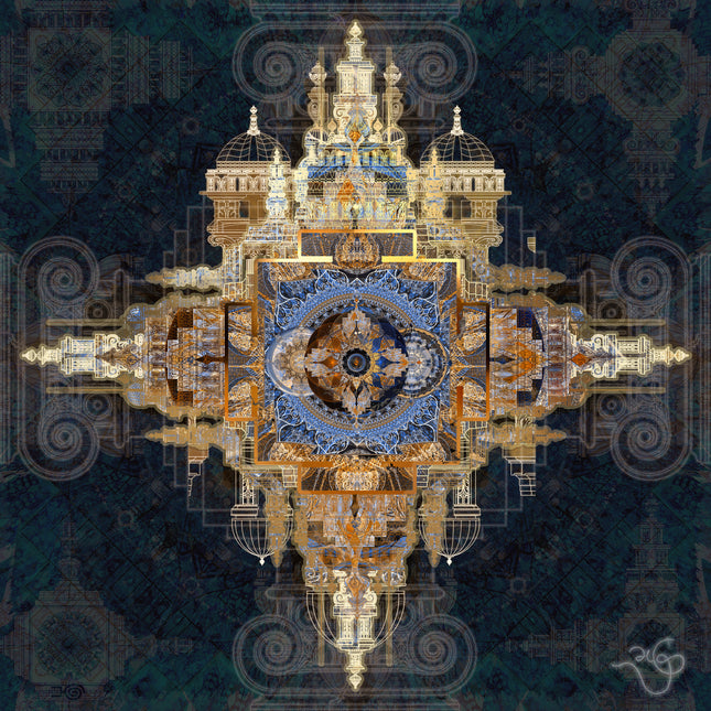 Architectural Mandala Wall Art Print, Teal Blue and Gold Sacred Geometry, Baroque Cathedral Digital Art, Bohemian Ornate Decor  - Bundle Only