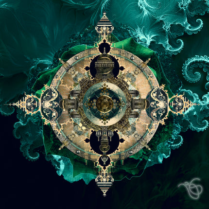 Emerald Gold Mandala Wall Art Print, Teal Fractal Sacred Geometry Poster, Ornate Architectural Mandala Printable Decor