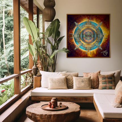 Sacred Geometry Wall Art Print, Vis Lucis Blue Citadel, Teal Gold Mandala, Spiritual Decor, Visionary Art, Meditation Room Poster